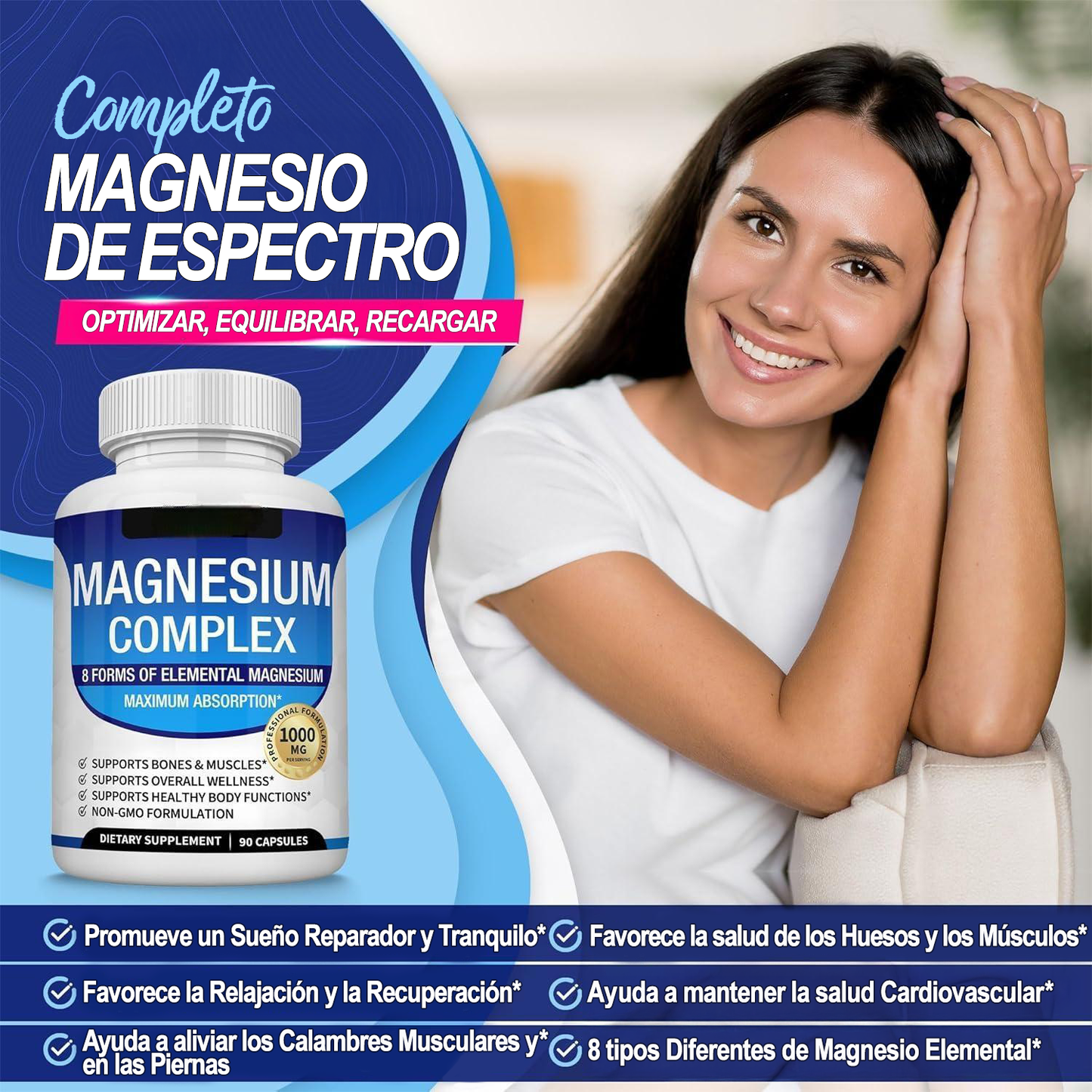 Complejo de magnesio 8, suplemento esencial de magnesio, 1000 mg